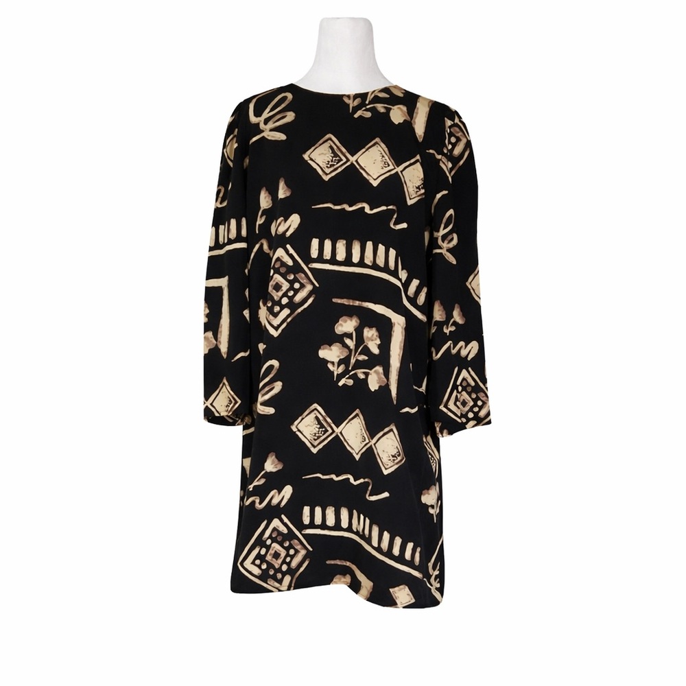 Vtg Spenser Jeremy 100% Silk Dress Sz 14 Black Gold Abstract Geometric Lined